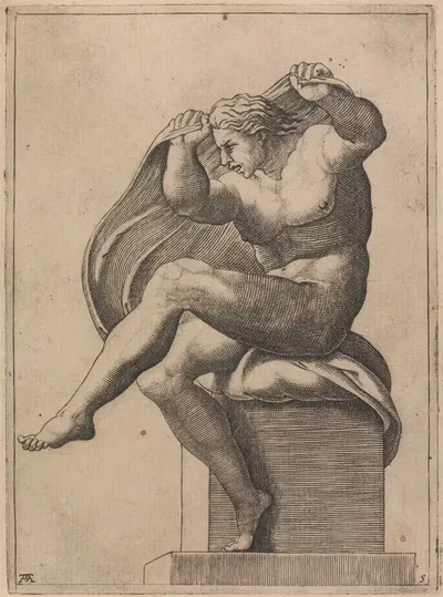 Male Nude Seated from Panel of 'God Separating the Waters…' by Adamo Scultori, 1550-1585 — digital art print download