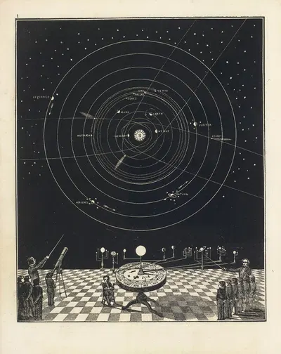 Orrery, with a view of the Solar System in the back ground by Asa Smith, 1850 — digital art print download