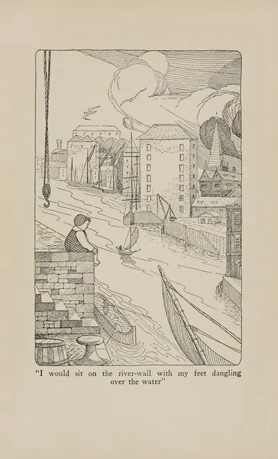 I would sit on the river-wall with my feet dangling over the water by Hugh Lofting, 1922 — digital art print download