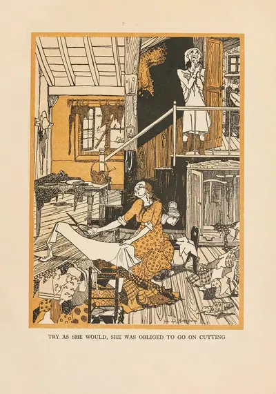Try as she would, she was obliged to go on cutting by Jean de Bosschère, 1917 — digital art print download