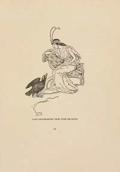 Lady Greensleeves Talks with the Raven by Katharine Pyle, 1916 — digital art print download