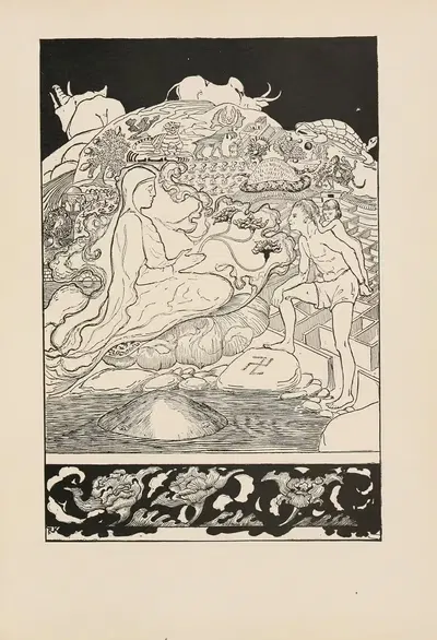 Старший маг разговаривает с мужчиной и его дочерью by Редьярд Киплинг, 1902 — digital art print download