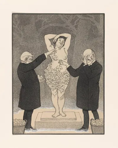 twee heren bedekken een staande naakte vrouw met vijgebladeren by Albert Hahn, 1904 - 1905 — digital art print download