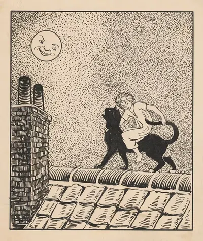 Девочка едет на кошке по крышам by Гюст ван де Уолл Перне, 1887 - 1911 — digital art print download