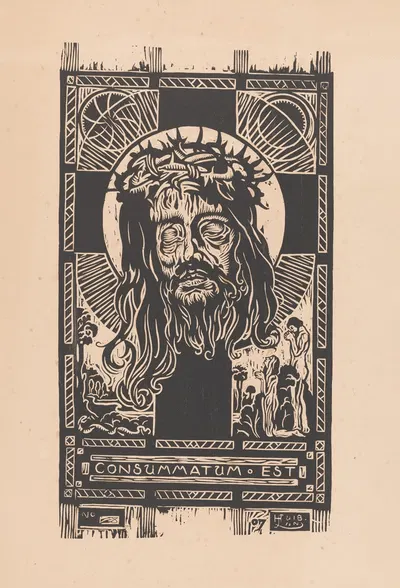 Hoofd van Christus met doornkrans voor een kruis, aanbeden door een man en vrouw by Хуйб Лунс, 1907 — digital art print…