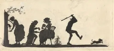 Силуэт семьи, выгоняющей собаку из дома by Нелли Боденхейм, 1884 - 1917 — digital art print download