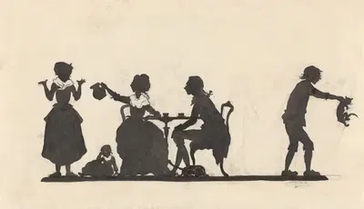 Силуэт семьи, выгоняющей кота из дома by Нелли Боденхейм, 1884 - 1917 — digital art print download