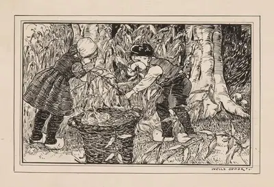 Мальчик и девочка собирают ветки и листья by Нелли Спур, 1895 - 1950 — digital art print download