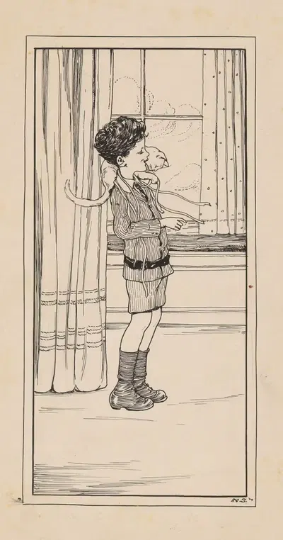 Мальчик с играющим котом на шее by Нелли Спур, 1914 — digital art print download
