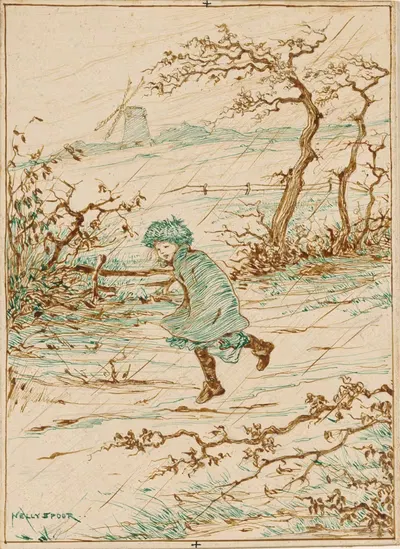 Девушка, идущая под дождем и ветром by Нелли Спур, 1895 - 1950 — digital art print download