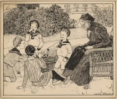 Четыре мальчика едят вишни на поле by Нелли Спур, 1912 — digital art print download