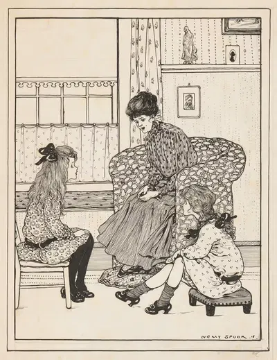 Женщина и две девочки в интерьере by Нелли Спур, 1916 — digital art print download