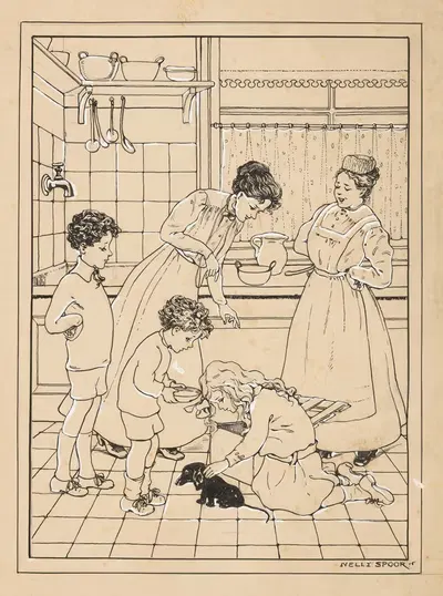 Женщины и дети с щенком на кухне by Нелли Спур, 1916 — digital art print download