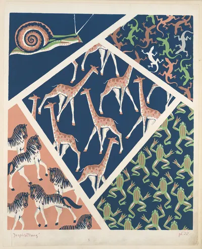 Five animal form compositions ; snail, iguanas, giraffes, zebras, frogs by André Durenceau, 1928 — digital art print download