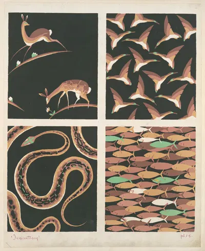 Four animal form compositions ; deer, birds, snakes, fish by André Durenceau, 1928 — digital art print download