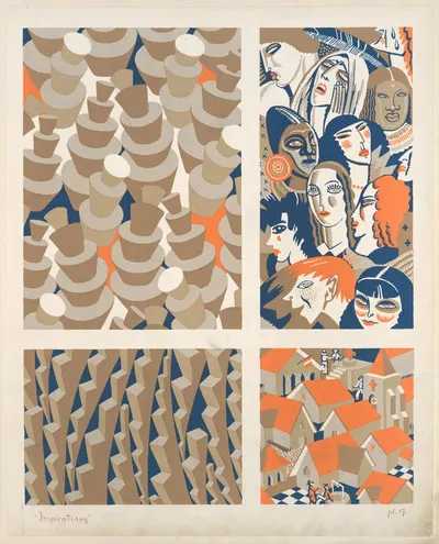 Четыре композиции; геометрические (две), лица в толпе, городской вид by Андре Дюрансо, 1928 — digital art print download