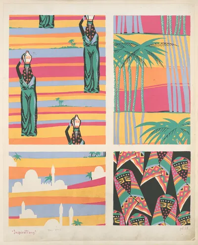 Four compositions of Middle Eastern scenes by André Durenceau, 1928 — digital art print download