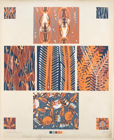 Nine compositions, incorporating marine plant forms and crustaceans by André Durenceau, 1928 — digital art print download