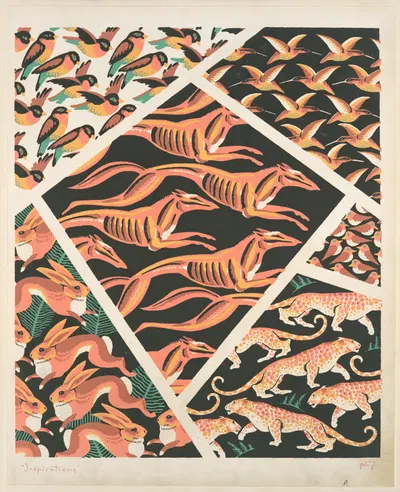 Six animal form compositions ; birds (three), dogs, hares, leopards by André Durenceau, 1928 — digital art print download