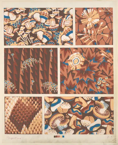 Six plant form compositions (several of mushrooms) by André Durenceau, 1928 — digital art print download