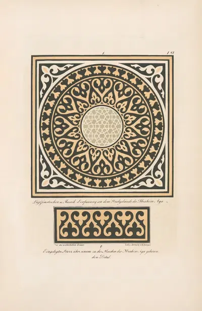 1. Luftfensterchen m Mosaik – Einfassung an dem Grabgebäude des Ibrahim Aga, 2. Eingelegter Sturr über einem zu der Moschee…