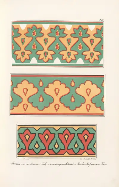 Borden aus wollenem Tuch zusammengenäht in der Moschee Hassanin zu Kairo by Friedrich Maximilian Hessemer, 1842 — digital…
