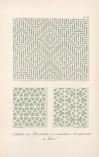 Luftfenster aus Holzstäbehen an verschiedenen Privatgebäuden zu Kairo by Friedrich Maximilian Hessemer, 1842 — digital art…