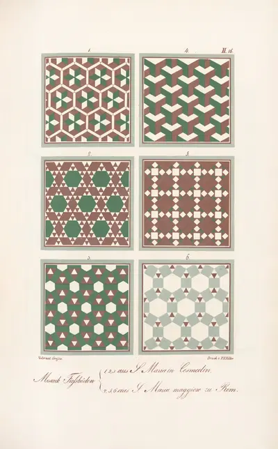 Mosaik Fussböden, 1, 2, 3 aus S. Maria in Cosmedin, 4, 5, 6 aus S. Maria maggiore zu Rom by Friedrich Maximilian Hessemer,…