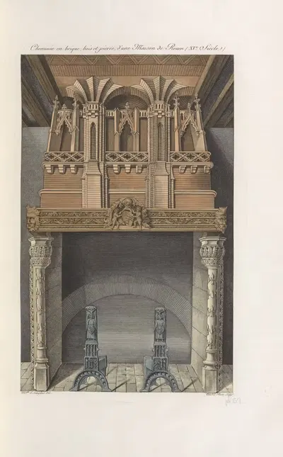 Cheminée en brique, bois et pierre, d'une maison de Rouen (XVe. siècle). by Nicolas Xavier Willemin, 1839 — digital art…