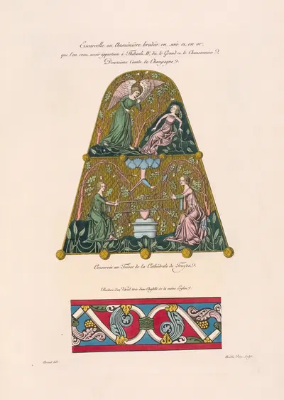 Escarcelle ou aumônière brodée en soie et en or, que l'on crois avoir appartenu à Thibault IV, dit le grand et le…