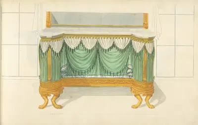 Commode or sideboard with green drapery. by Thomas Sheraton, 1805 - 1806 — digital art print download