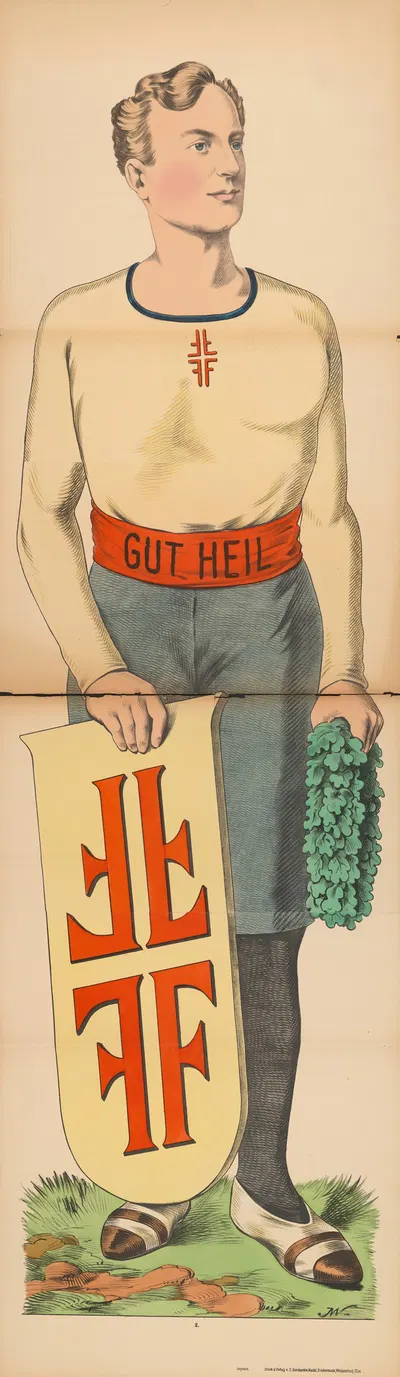 Атлетический мужчина с щитом и лавровым венком с надписью «Gut heil» на поясе by Рене Акерманн, 1906-1918 — digital art…