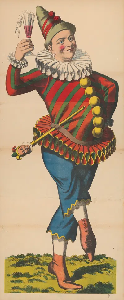 Фигура карнавала, одетая как шут, с бокалом пива и мароттой by Рене Акерманн, 1906-1918 — digital art print download