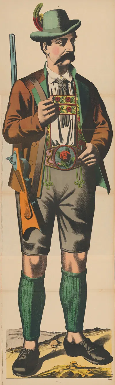 Мужчина в lederhosen и тирольской шляпе, держащий винтовку на плече by Рене Акерманн, 1906-1918 — digital art print download