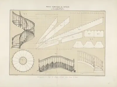 Développement & coupe des rampes d'escalier plissés froncés & drapes. by Jules Verdellet, 1859 — digital art print download