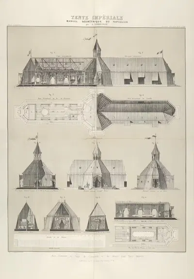 Tent impériale. Plan, elévation et coupe de l'ensemble et des détails d'une tente impériale. by Jules Verdellet, 1859 —…