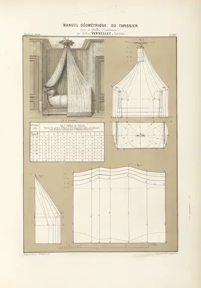 Untitled plate featuring group of images illustrating drapery for a bed (lit à Anneau) and its plans by Jules Verdellet,…