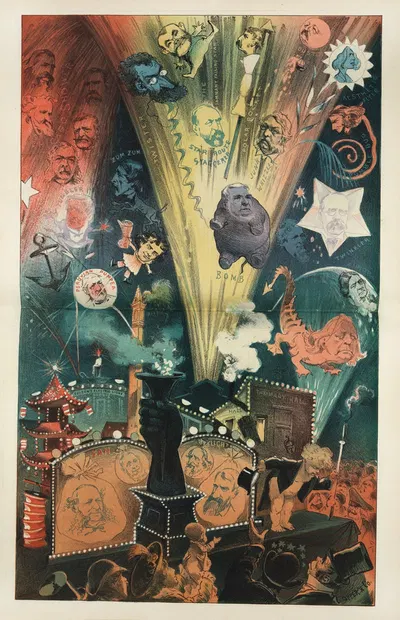Puck's pyrotechnics – Fourth-of-July fireworks free to all by Frederick Burr Opper, 1882 — digital art print download