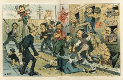 The new policeman on the beat – the monopoly gang defies him! by Frederick Burr Opper, 1883 — digital art print download