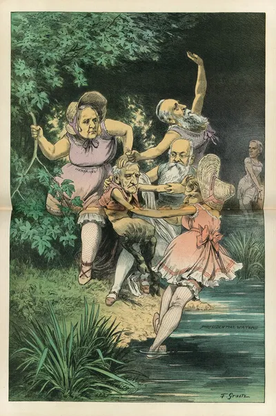 Persuasive nymphs trying to lure the coy faun into the presidential waters by Friedrich Graetz, 1883 — digital art print…