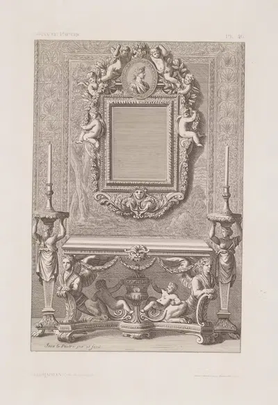 Дизайн стола, две подсвечника и зеркало by Андре-Шарль Булле, 1875-1890 — digital art print download