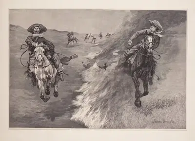 Dragging a Bull's Hide over a Prairie Fire in Northern Texas by Frederic Remington, 1888 — digital art print download
