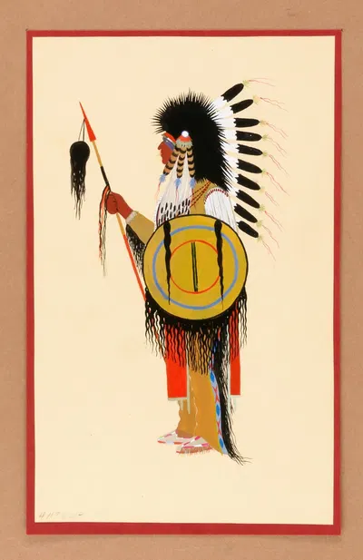 Cheyenne Warrior in Feather Headdress with Shield by Monroe Tsatoke — digital art print download