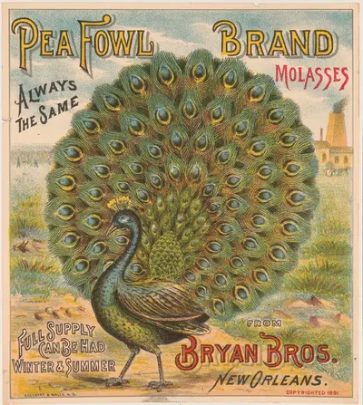 Pea Fowl brand molasses. Bryan Bros. New Orleans by Koeckert & Walle, 1891 — digital art print download