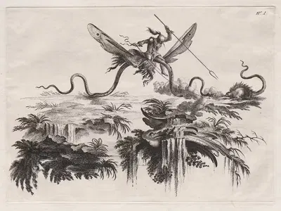 A Savage mounted on a winged Serpent battling with a wild beast resembling a Porcupine by Filippo Morghen, 1769 — digital…