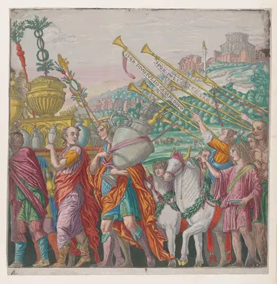 Мужчины, несущие трофеи слева, трубачи справа by Андреа Мантенья, 1599 — digital art print download