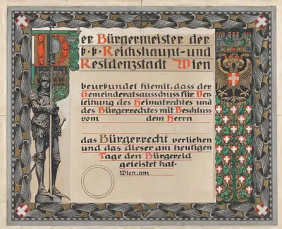 Design for a certificate of citizenship, awarded by the city of Vienna by Erwin Puchinger — digital art print download
