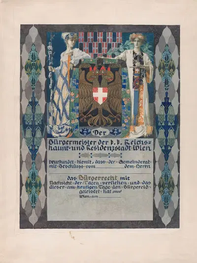 Design for a certificate to accompany the award of a bronze medal for years of dedication to a single employer by Erwin…