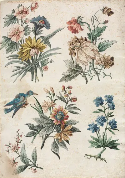 Цветочные узоры с голубой птицей by Джакомо Кавенезия, c. 1773 — digital art print download
