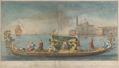 The highly ornamented second gondola of Ambassador Giovanni Battista Colloreado entering Venice by Giovanni Antonio Faldoni…